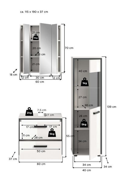 Maßzeichnung Badezimmermöbel-Set bestehend aus Spiegelschrank, Waschbeckenunterschrank und Hochschrank mit Zentimeterangaben.