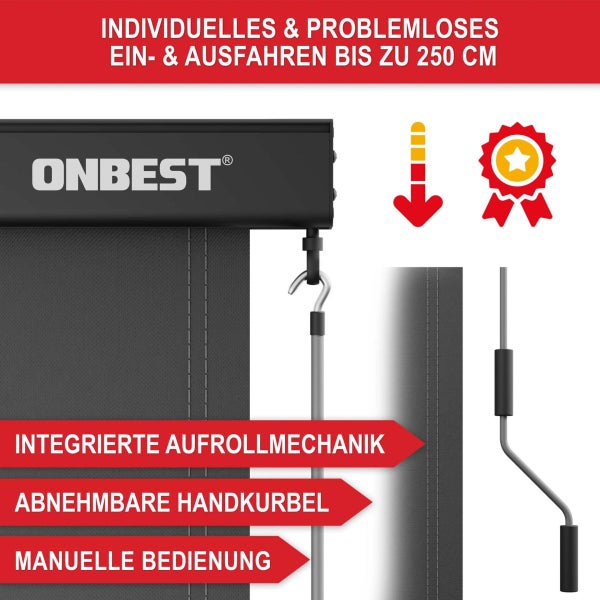 Onbest Logo auf Vertikalmarkise mit Qualitätssiegel, abnehmbarer Kurbel, manuellem Auszug bis 250 Zentimeter und Aufrollmechanik.