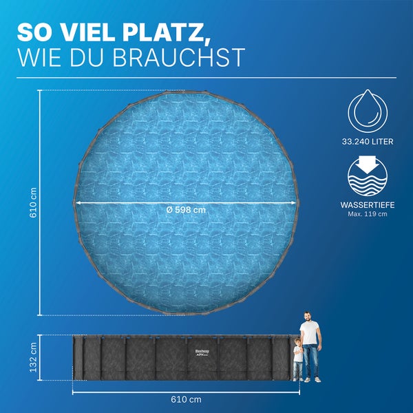 Runder Bestway Pool mit 610 Zentimeter Durchmesser, 132 Zentimeter Höhe, 33.240 Liter Fassungsvermögen und 119 Zentimeter Wassertiefe.