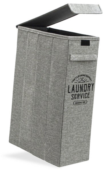 Faltbarer Wäschekorb aus grauem Textil mit Deckel und Aufdruck Laundry Service.