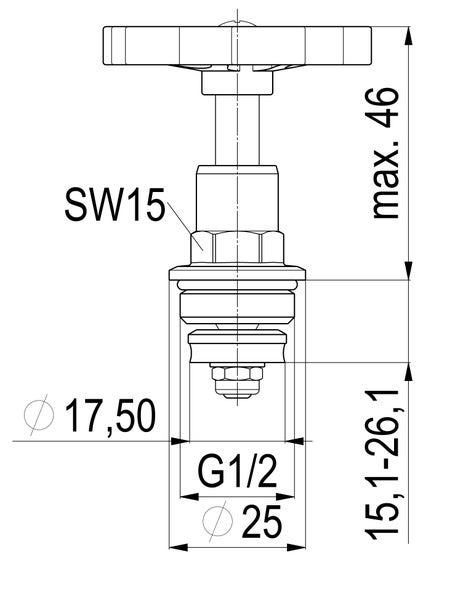 Technische Zeichnung eines Ventils: G 1/2 Zoll, Schlüsselweite 15, Durchmesser 17,5 und 25 Millimeter, maximale Höhe 46 Millimeter.
