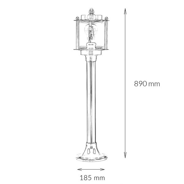 Abbildung einer Gartenlaterne mit einer Höhe von 890 mm und einer Breite von 185 mm.