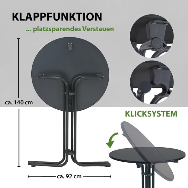 Klappbarer Bistrotisch mit runder Tischplatte und Klicksystem zur platzsparenden Lagerung, Maße circa 140 Zentimeter Höhe und 92 Zentimeter Breite.