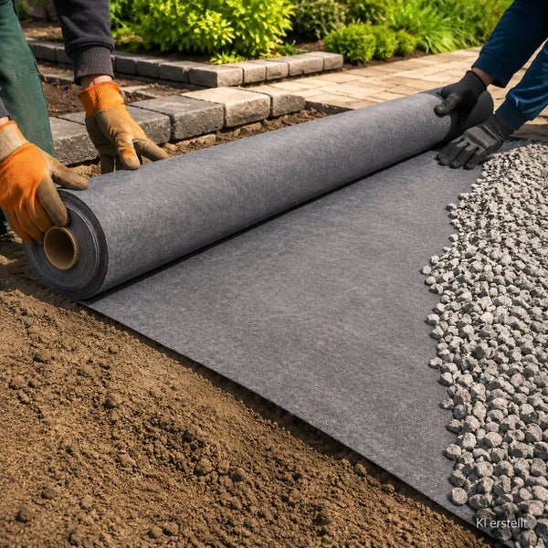Zwei Personen verlegen Unkrautvlies auf einem vorbereiteten Erdreich vor einer gepflasterten Gartenfläche.