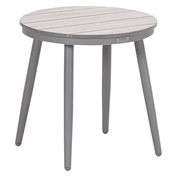 Grauer runder Garten-Beistelltisch mit Tischplatte in Holzoptik und vier Metallbeinen von Garden Impressions.
