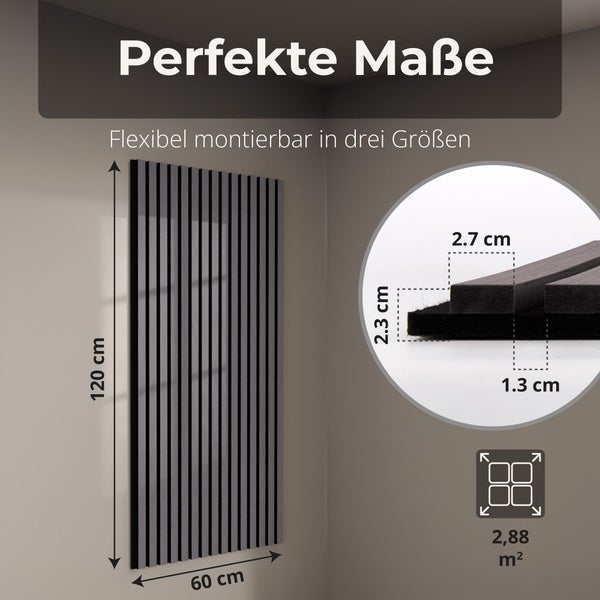 Akustikpaneel mit Maßen 120 mal 60 Zentimeter, Lamellenbreite 2,7 Zentimeter, Abstand 1,3 Zentimeter und Stärke 2,3 Zentimeter.