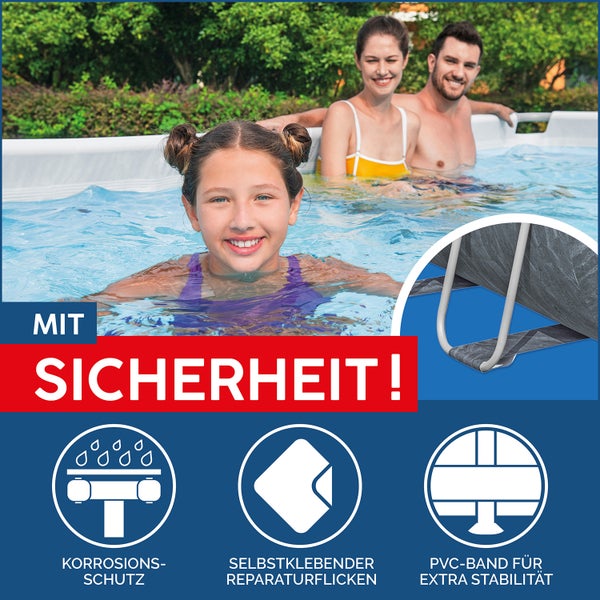 Familie in einem Aufstellpool mit Symbolen für Korrosionsschutz, selbstklebende Reparaturflicken und ein stabilisierendes PVC-Band.