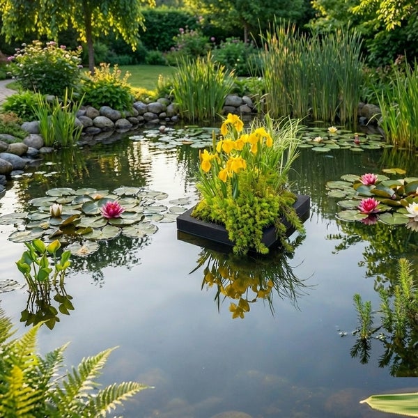 Schwimminsel für Gartenteiche mit gelben Iris und Grünpflanzen in einem Teich mit Seerosen.