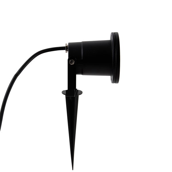 Schwarzer Gartenstrahler mit Erdspieß und Stromkabel in der Seitenansicht.