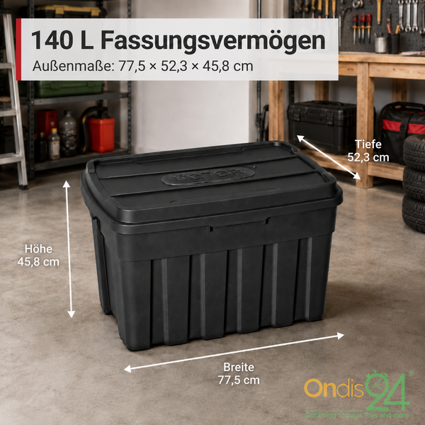 Schwarze Keter Aufbewahrungsbox, 140 Liter, Maße: Breite 77,5, Tiefe 52,3, Höhe 45,8 Zentimeter. Ondis24 Logo.