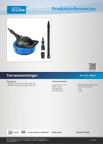 Güde Logo und Terrassenreiniger für Hochdruckreiniger GHD 165 und GHD 225 mit Verlängerungslanze und Adaptern.