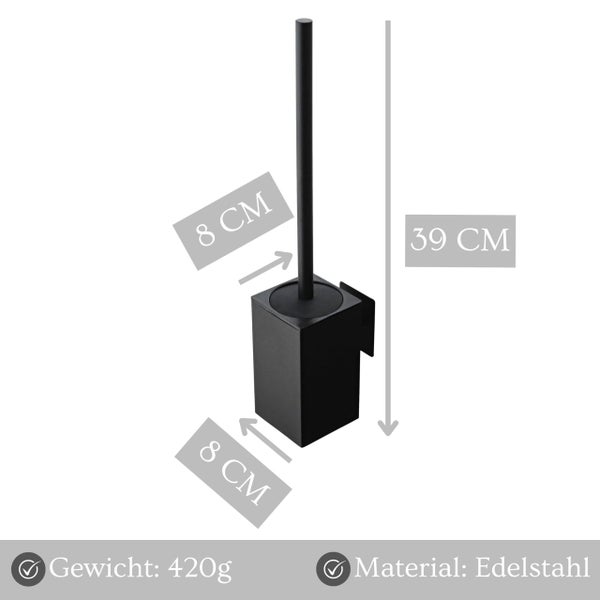 Wand-WC-Bürstengarnitur aus Edelstahl mit quadratischem Halter, Höhe 39 Zentimeter, Breite und Tiefe 8 Zentimeter, Gewicht 420 Gramm.