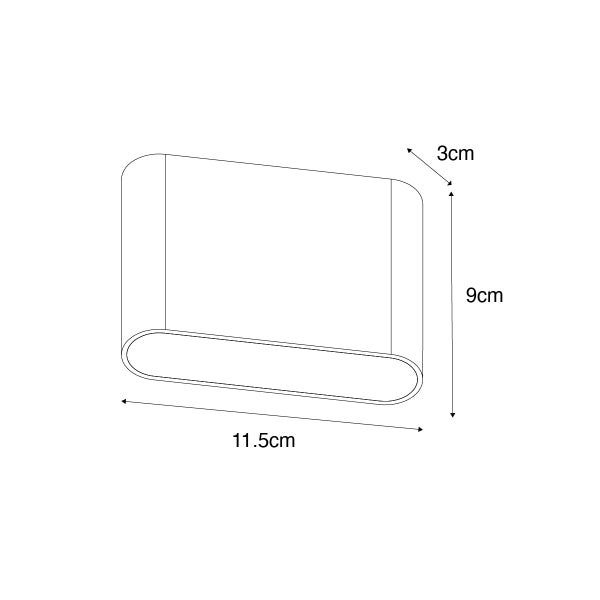 Technische Zeichnung einer Wandleuchte mit den Maßen: Breite 11,5 Zentimeter, Höhe 9 Zentimeter und Tiefe 3 Zentimeter.