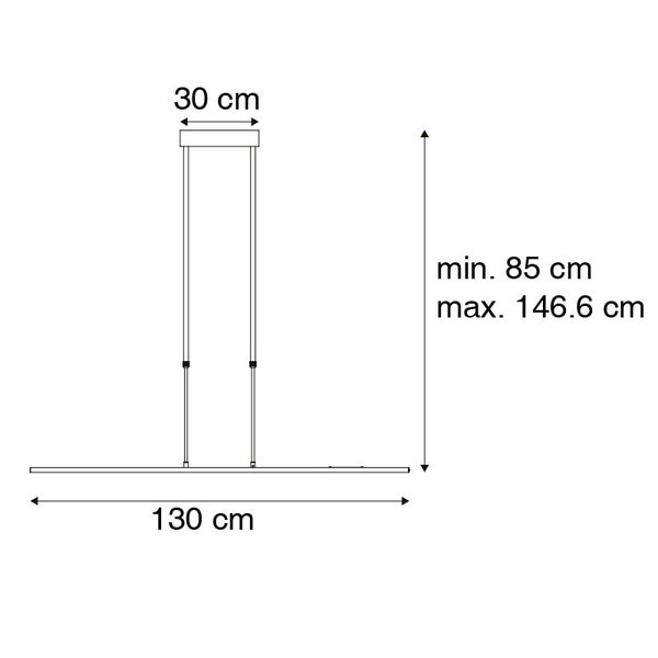 Abmessungen einer Hängeleuchte: 30 cm breit, 130 cm lang, Höhe minimal 85 cm, maximal 146,6 cm