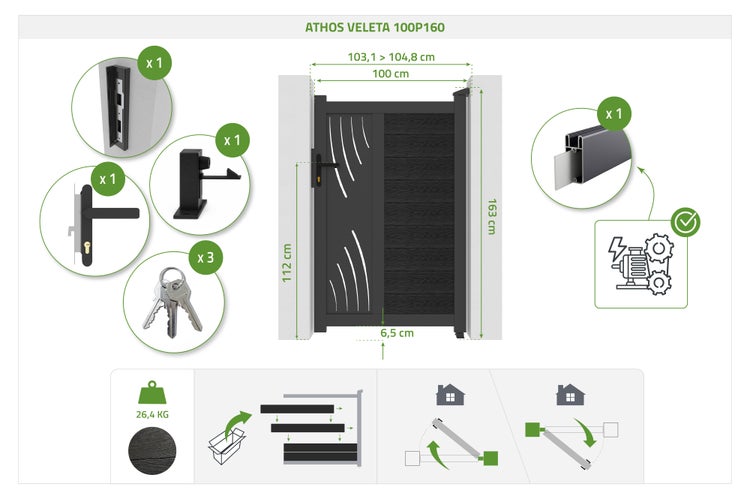 Technische Zeichnung Athos Veleta 100P160 Gartentor mit Maßen, Zubehörteilen, Montageanleitung und Gewicht.