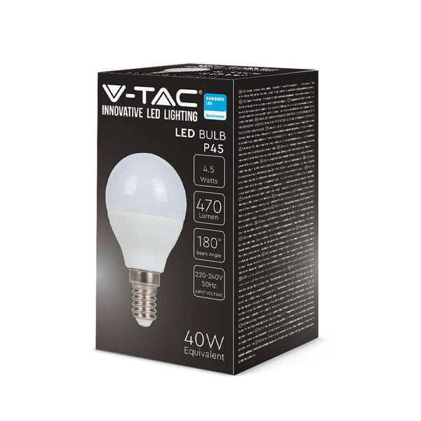 V-TAC LED Leuchtmittel P45 Verpackung mit Samsung LED. 4,5 Watt, 470 Lumen, 180 Grad Abstrahlwinkel, entspricht 40 Watt.