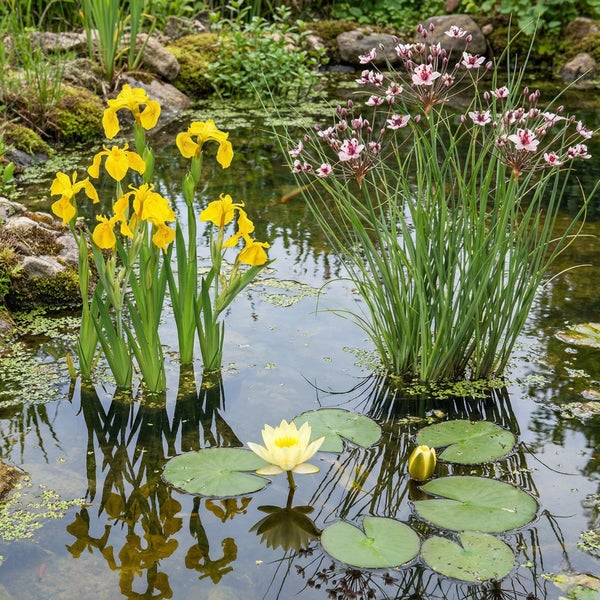 Gartenteich mit blühender gelber Schwertlilie, rosa Schwanenblume und einer Seerose auf der Wasseroberfläche.
