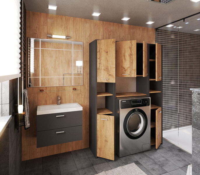 Badezimmer mit Waschtisch, Spiegel, Waschmaschine und Holzverkleidung