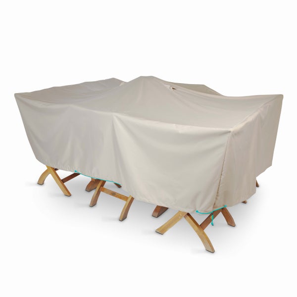 Schutzhülle für Gartenmöbel-Garnituren, wetterfester Stoff, deckt Tisch und Stühle ab, mit Kordelzug.