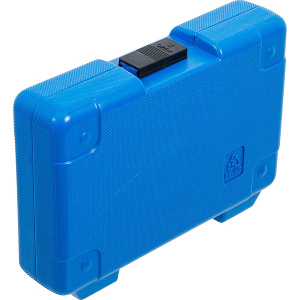 Blaue Werkzeugkiste aus Kunststoff mit schwarzem Verschluss