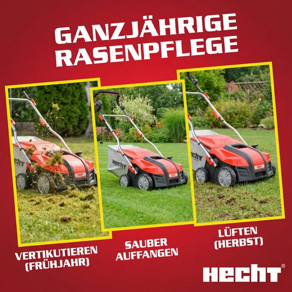 Hecht Rasenmäher zur ganzjährigen Rasenpflege für Vertikutieren, Auffangen und Lüften.