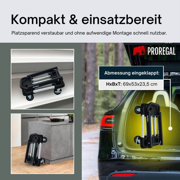 Zusammenklappbarer Plattformwagen Proregal im Regal, Schrank und Kofferraum. Maße eingeklappt 69 mal 53 mal 23,5 Zentimeter. Proregal Logo.