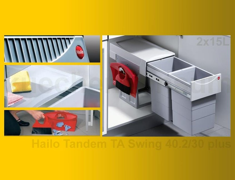 Hailo Tandem TA Swing 40.2/30 plus Abfalltrennsystem mit zwei 15-Liter-Eimern, integrierter Kehrgarnitur und Ablagefläche im Küchenschrank.