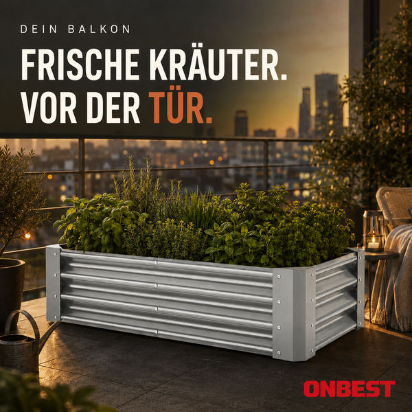 Modernes rechteckiges Hochbeet aus gewelltem Metall mit frischen Kräutern auf einem organisierten Balkon bei Sonnenuntergang. ONBEST Logo.