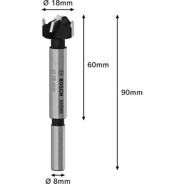 Bosch Expert Kunstbohrer mit 18 Millimeter Durchmesser, 8 Millimeter Schaft, 60 Millimeter Nutzlänge und 90 Millimeter Gesamtlänge.