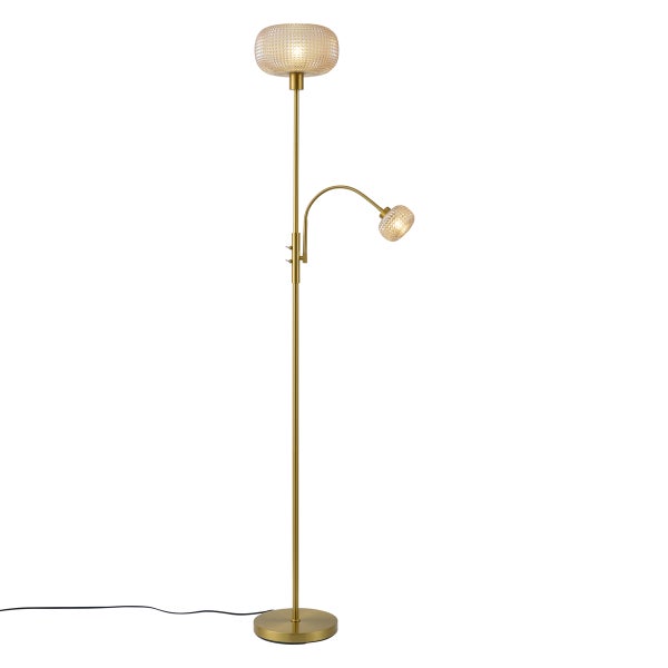 Moderne Stehleuchte aus goldfarbenem Metall mit integrierter Leseleuchte und zwei strukturierten Glasschirmen.