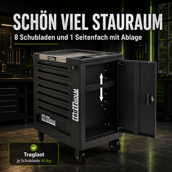 Trutzholm Werkstattwagen mit 8 Schubladen und Seitenfach mit verstellbarem Boden. Traglast pro Schublade 40 Kilogramm. Trutzholm Logo.