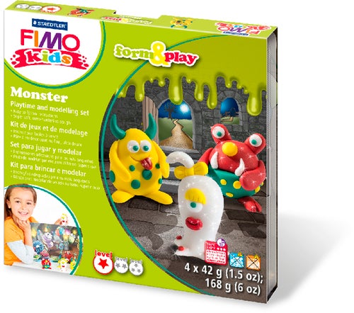 FIMO ofenhärtende Modelliermasse FIMO kids 8034 Set Monster, 4 x 42g Blöcken, Modellierstab, Anleitung