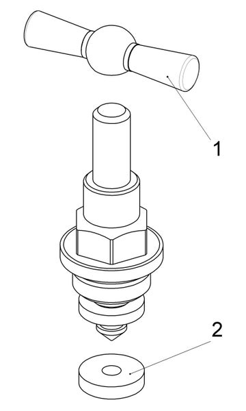 Technische Zeichnung eines Ventiloberteils mit Handgriff und Dichtung, gekennzeichnet mit den Nummern 1 für den Griff und 2 für die Dichtung.