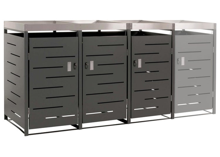 Drei Mülltonnenboxen aus Metall mit Lamellentüren