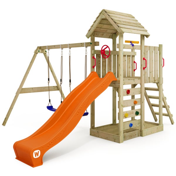 WICKEY Spielturm Klettergerüst MultiFlyer Holzdach mit Schaukel und Rutsche, Kletterturm mit Holzdach, Sandkasten, Leiter und Spiel-Zubehör - orange