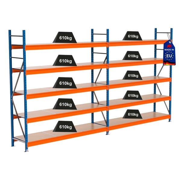 Lagerregal mit hoher Traglast und dem Siegel Made in EU.