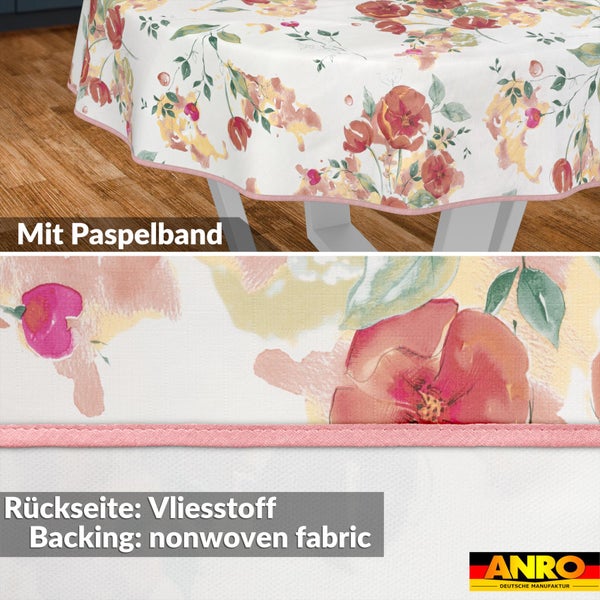 Runde Wachstuch-Tischdecke mit Blumenmuster, rosa Paspelband und Vliesstoff-Rückseite. Anro Logo.