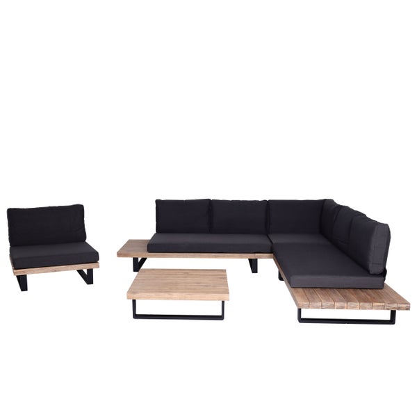 Gartenlounge-Set bestehend aus Ecksofa, Sessel und Loungetisch mit Holzgestell, Metallfüßen und dunklen Polstern.