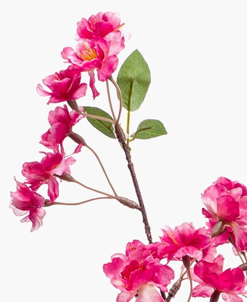 Künstlicher Kirschblütenzweig mit rosafarbenen Blüten und grünen Blättern.