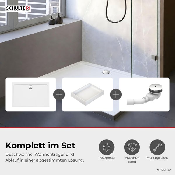 Schulte Duschwannen Set bestehend aus Duschwanne, Wannenträger und Ablauf. Passgenaue und montageleichte Komplettlösung für die Dusche.