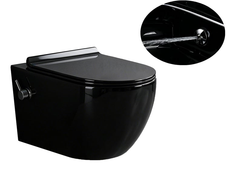 Schwarzes Wand-WC mit Taharet-Funktion, WC-Deckel und seitlichem Bedienhebel aus Chrom.