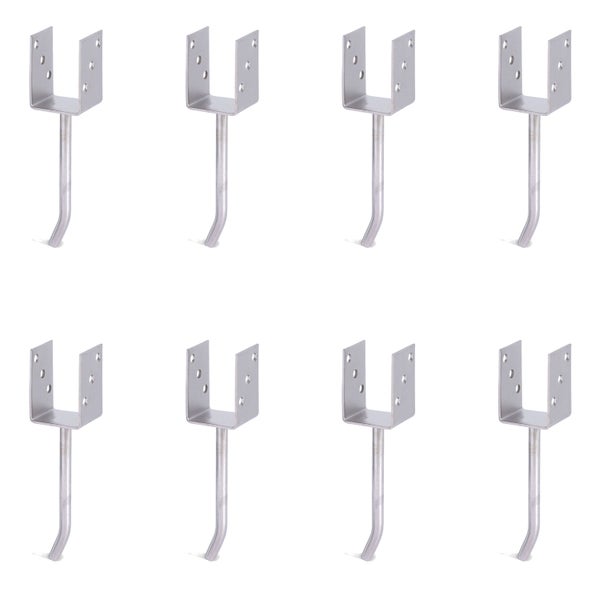 Set aus acht U-Pfostenträgern aus Metall zum Einbetonieren für stabile Holzpfostenbefestigungen.