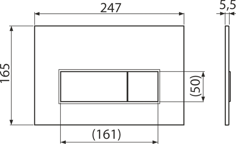 Maßzeichnung einer Betätigungsplatte für die Toilette, Breite 247 Millimeter, Höhe 165 Millimeter, Dicke 5,5 Millimeter.