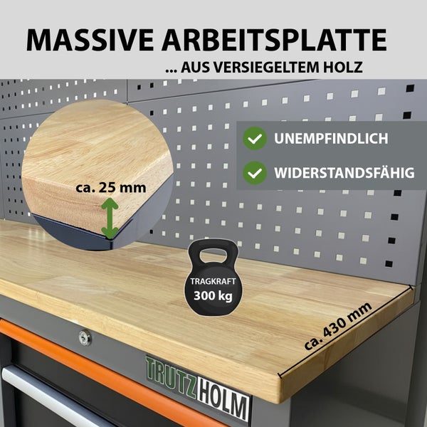 Massive Werkbankplatte aus versiegeltem Holz mit einer Tragkraft von 300 Kilogramm und einer Stärke von circa 25 Millimetern sowie einer Tiefe von circa 430 Millimetern.