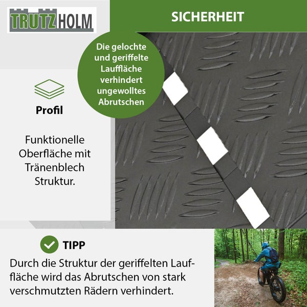 Trutzholm Logo. Funktionelle Oberfläche mit Tränenblechstruktur für mehr Sicherheit.