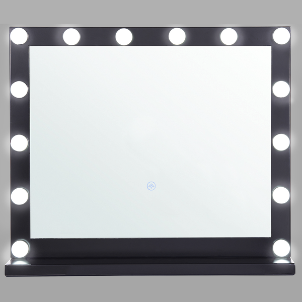 Rechteckiger Schminkspiegel mit integrierter LED Beleuchtung und Touch Sensor auf einem stabilen Standfuß