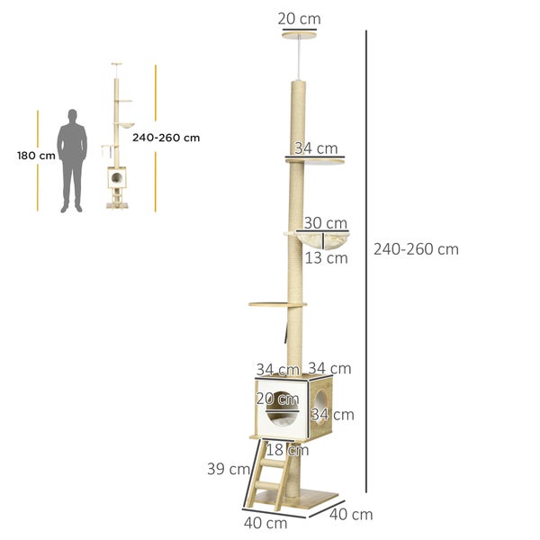 PawHut Kratzbaum, Katzenkratzbaum Deckenhoch, 240-260 cm, Kletterbaum mit Katzenhaus, Jute-Seilpfosten, Hängematte, Katzenleiter, Spielball, Katzenmöbel, Katzenbaum, Kippschutz, Beige+Hellbraun