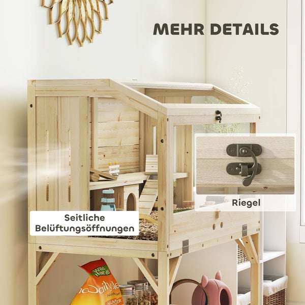 Kleintierstall aus hellem Holz mit seitlichen Belüftungsschlitzen und einem Sicherheitsriegel an der Klappe.