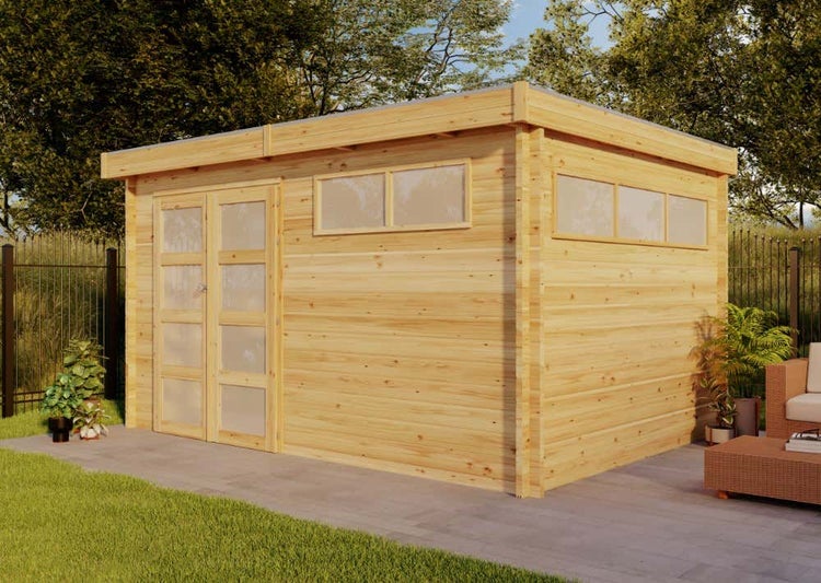 Alpholz Gerätehaus Modern 390x320 Gartenhaus aus Holz, Holzhaus mit 44 mm Wandstärke, Blockbohlenhaus, Naturbelassen 5,1x4,1m