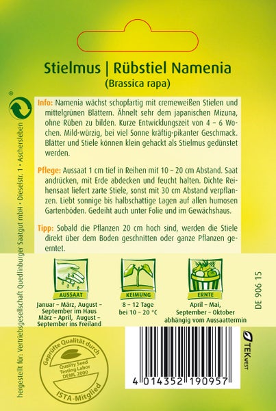Rückseite einer Saatgutpackung Stielmus und Rübstiel Namenia mit Hinweisen zu Aussaat, Keimung bei 10 bis 20 Grad, Ernte und Qualitätssiegel.